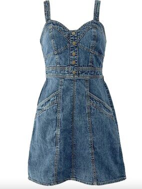Japna Blue Denim Sweetheart Mini Dress with Faux Button Retro Coastal Cowgirl S